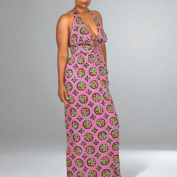 Vintage Halter Maxi Dress Pink Acrylic Floral Print Garden Coverup Hippie Small - Picture 11 of 15